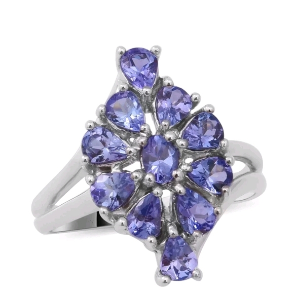 Natural Tanzanite Cluster Ring Sterling Silver Platinum Overlay! Size 7! NWT